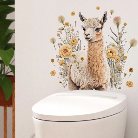 Adesivo da Parete Alpaca e Fiori Gialli Acquerello PVC Autoadesivo Impermeabile Rimovibile per Bagno Soggiorno Decorazione Casa