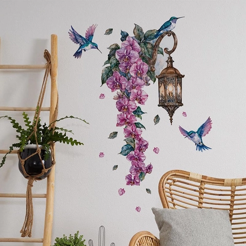 Pegatina de Pared Lámpara Retro Orquídea Colibrí Acuarela PVC Autoadhesiva Removible para Sala de Estar Dormitorio Home Decor