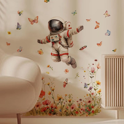Stickers Muraux Astronaute Et Fleurs Aquarelle Papillon PVC Auto-Adhésif Imperméable Décalcomanies Pour Chambre D'Enfant Maison Décoration