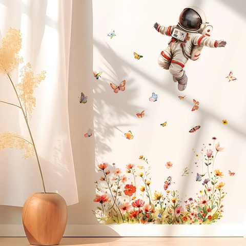 Stickers Muraux Astronaute Et Fleurs Aquarelle Papillon PVC Auto-Adhésif Imperméable Décalcomanies Pour Chambre D'Enfant Maison Décoration