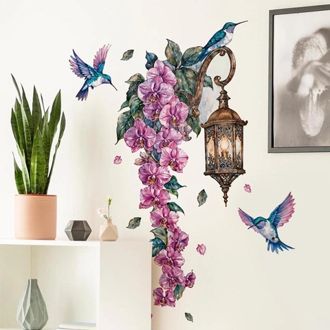Pegatina de Pared Lámpara Retro Orquídea Colibrí Acuarela PVC Autoadhesiva Removible para Sala de Estar Dormitorio Home Decor