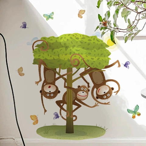 Scimmie dei Cartoni Animati che si Arrampicano sull'Albero Adesivo da Parete PVC Removibile DIY Decalcomania per Cameretta
