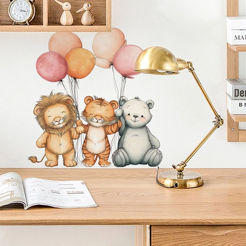 Cartoon Animals With Balloons Wall Sticker PVC Watercolor Lion Tiger Bear Removable Self Adhesive Nursery Kids Room Decor
