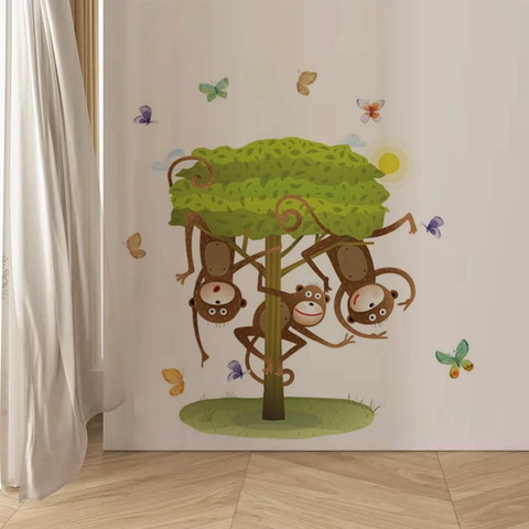 Scimmie dei Cartoni Animati che si Arrampicano sull'Albero Adesivo da Parete PVC Removibile DIY Decalcomania per Cameretta