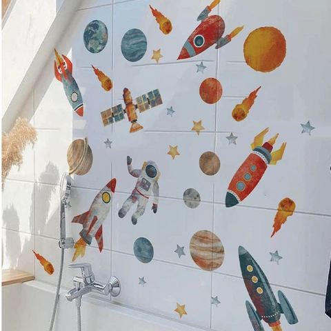 Weltraum Astronaut Rakete Wandaufkleber Für Kinderzimmer Deko Wasserdicht PVC Abnehmbar Aquarell Planeten Sterne Wandtattoos