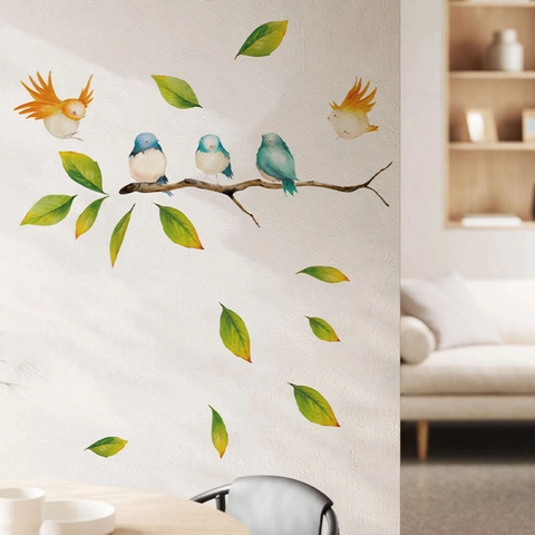 Aquarell Vögel Auf Zweigen Wandtattoo PVC Selbstklebend Abnehmbare Blätter Dekoration Für Wohnzimmer Schlafzimmer Zuhause