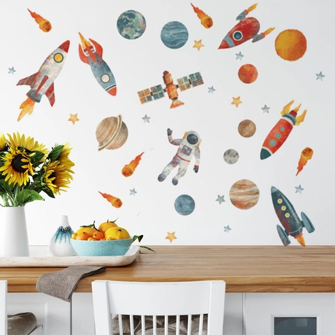 Weltraum Astronaut Rakete Wandaufkleber Für Kinderzimmer Deko Wasserdicht PVC Abnehmbar Aquarell Planeten Sterne Wandtattoos