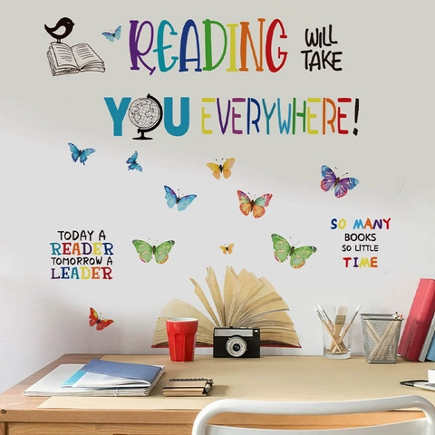 Pegatina de Pared de Cita de Lectura Inspiradora Patrón de Mariposa Libro Globo Calcomanía de PVC Removible Para Aula Habitación Niños