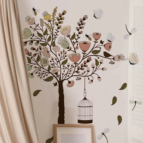 Large Birdcage Flower Tree Wall Stickers Removable PVC Nature Decor DIY Mural For Living Room Bedroom Entrance Home Decoration
