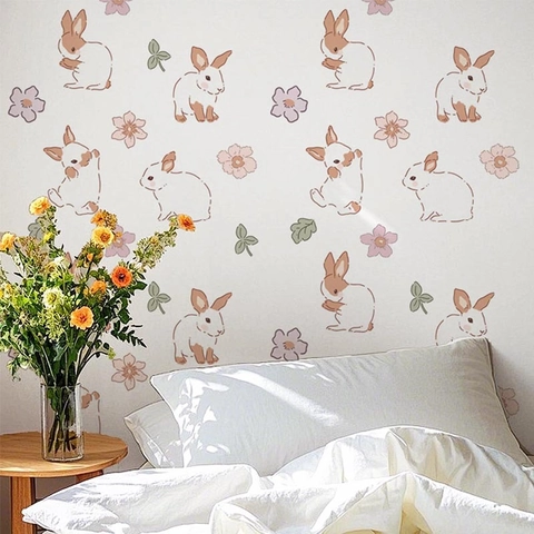 Adesivi Murali Con Coniglietto E Fiori Cartone Animato PVC Impermeabile Rimovibili Per Camera Bambini Letto Casa
