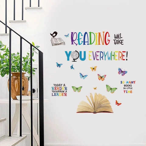 Pegatina de Pared de Cita de Lectura Inspiradora Patrón de Mariposa Libro Globo Calcomanía de PVC Removible Para Aula Habitación Niños