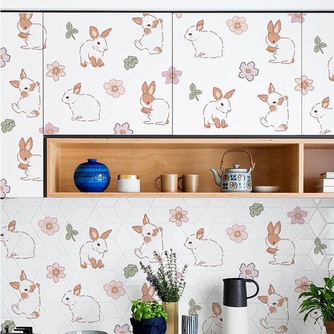 Adesivi Murali Con Coniglietto E Fiori Cartone Animato PVC Impermeabile Rimovibili Per Camera Bambini Letto Casa