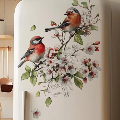 Pastoral Watercolor Birds On Flower Branch Wall Sticker Waterproof Removable PVC Decal For Living Room Bedroom Home Decor