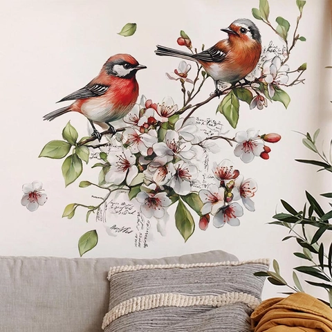 Pastoral Watercolor Birds On Flower Branch Wall Sticker Waterproof Removable PVC Decal For Living Room Bedroom Home Decor