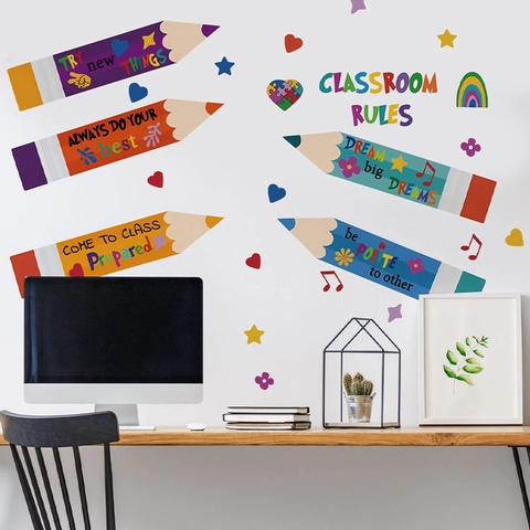 Pegatinas de Pared de Reglas de Clase con Lápices Motivadores de PVC de Colores Extraíbles para Estudio Escuela Habitación de Niños