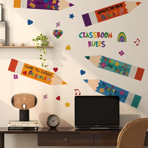 Pegatinas de Pared de Reglas de Clase con Lápices Motivadores de PVC de Colores Extraíbles para Estudio Escuela Habitación de Niños