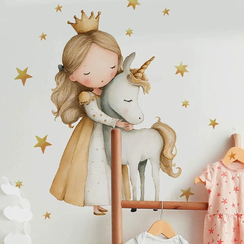 Watercolor Girl Hugging Unicorn Wall Stickers Removable PVC Star Decals For Kids Nursery Bedroom Living Room Home Decor