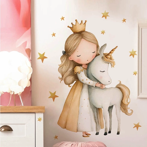 Watercolor Girl Hugging Unicorn Wall Stickers Removable PVC Star Decals For Kids Nursery Bedroom Living Room Home Decor