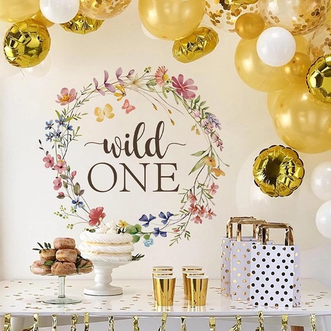 Wild One 1. Geburtstag Wandaufkleber Blumenkranz Schmetterling Floral Party Hintergrund PVC Wasserdicht Kinderzimmer Deko