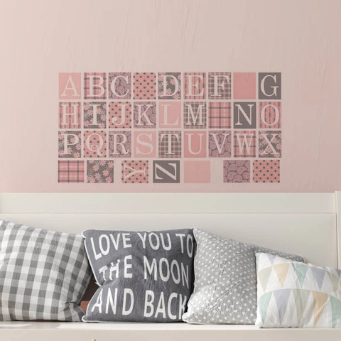 Vinilos Decorativos de Alfabeto Inglés Cuadrados Rosa Gris PVC Removible 26 Letras Calcomanías para Habitación Infantil Decoración