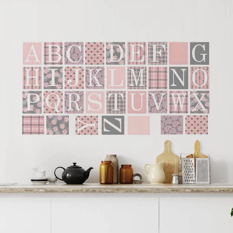 Vinilos Decorativos de Alfabeto Inglés Cuadrados Rosa Gris PVC Removible 26 Letras Calcomanías para Habitación Infantil Decoración