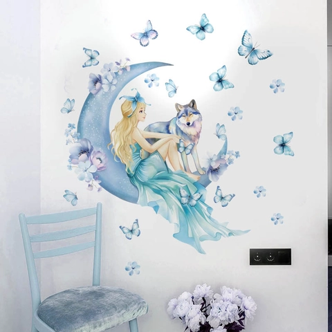 Pegatinas De Pared De Ensueño Luna Azul Chica Y Lobo Removibles PVC Acuarela Mariposa Flor Calcomanías Para Dormitorio Sala De Estar