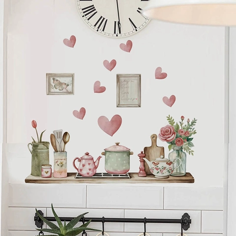 Watercolor Kitchen Wall Stickers PVC Removable Self Adhesive Decal Teapot Floral Heart Pattern For Dining Room Home Decor