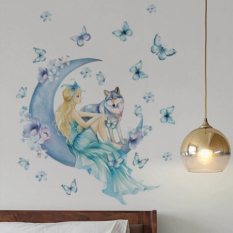 Pegatinas De Pared De Ensueño Luna Azul Chica Y Lobo Removibles PVC Acuarela Mariposa Flor Calcomanías Para Dormitorio Sala De Estar