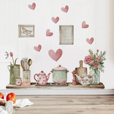 Watercolor Kitchen Wall Stickers PVC Removable Self Adhesive Decal Teapot Floral Heart Pattern For Dining Room Home Decor