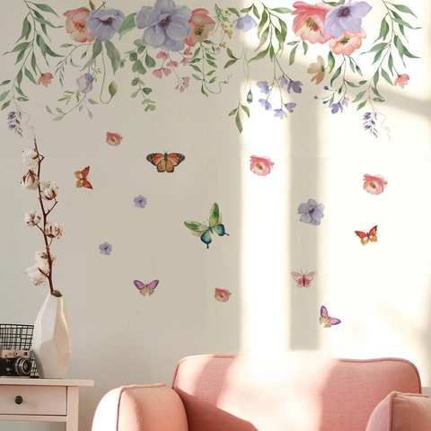 Adesivo da Parete in PVC con Fiori e Farfalle Acquerello Autoadesivo Removibile Impermeabile Murale per Soggiorno Camera da Letto