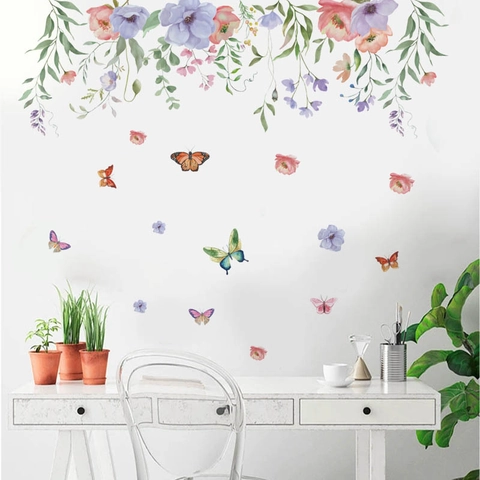 Adesivo da Parete in PVC con Fiori e Farfalle Acquerello Autoadesivo Removibile Impermeabile Murale per Soggiorno Camera da Letto