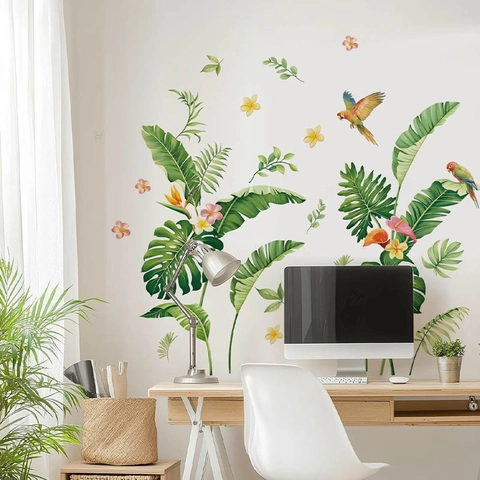 Tropische Pflanzen Papagei Wandtattoo PVC Abnehmbar Wasserdicht Monstera Palmblatt Aufkleber Für Wohnzimmer Schlafzimmer Deko