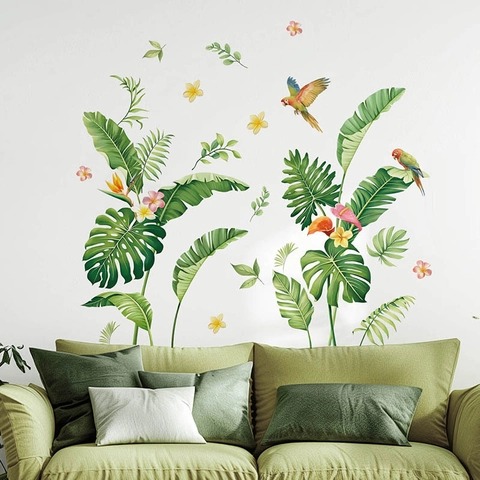 Tropische Pflanzen Papagei Wandtattoo PVC Abnehmbar Wasserdicht Monstera Palmblatt Aufkleber Für Wohnzimmer Schlafzimmer Deko