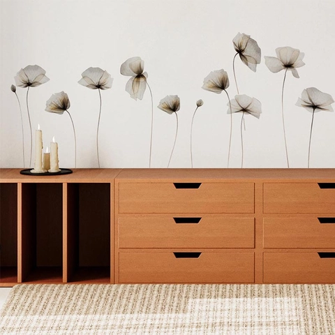 Minimalist X-Ray Style Poppy Flower Wall Sticker Translucent Grey Brown PVC Waterproof Removable Floral Decal Home Decor