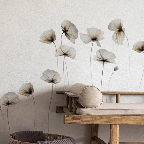 Minimalist X-Ray Style Poppy Flower Wall Sticker Translucent Grey Brown PVC Waterproof Removable Floral Decal Home Decor