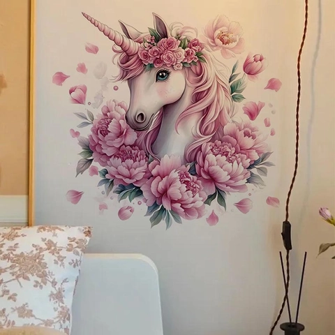 Traumhaftes Aquarell Einhorn Rosa Pfingstrose Blume Wandsticker PVC Abnehmbar Wasserdicht Aufkleber Für Kinderzimmer Schlafzimmer Deko