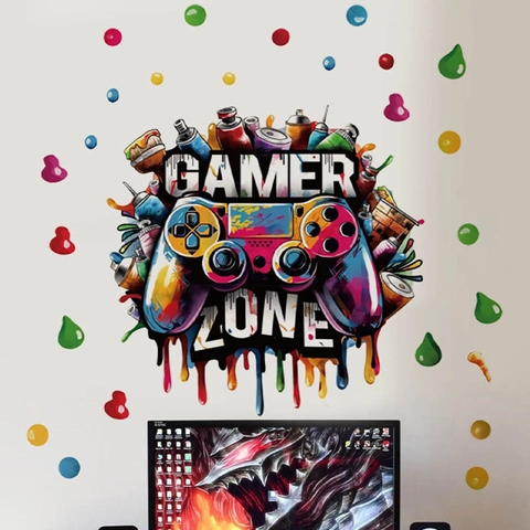 Gamer Zone Muursticker Kleurrijke Graffiti Game Controller PVC Zelfklevend Verwijderbare Muursticker Voor Game Room Decor