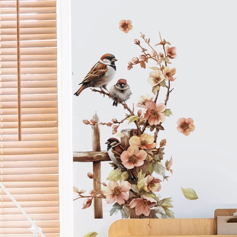 Pastorale Mus Vogel Bloemen Op Hek PVC Muursticker Verwijderbaar Zelfklevend Muurtattoo Voor Woonkamer Slaapkamer Achtergrond Huis Decoratie