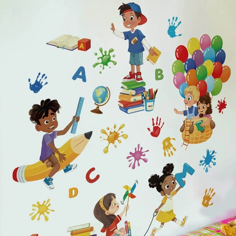 Cartoon Children Education Wall Stickers PVC Removable Colorful Alphabet Hot Air Balloon Decals Kids Room Decoration