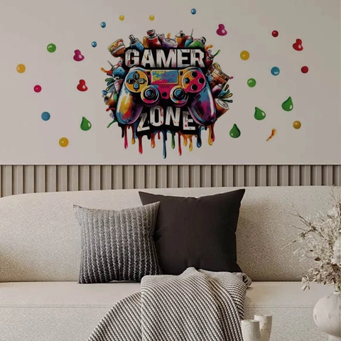 Gamer Zone Muursticker Kleurrijke Graffiti Game Controller PVC Zelfklevend Verwijderbare Muursticker Voor Game Room Decor