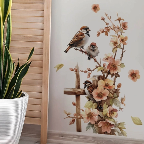 Pastorale Mus Vogel Bloemen Op Hek PVC Muursticker Verwijderbaar Zelfklevend Muurtattoo Voor Woonkamer Slaapkamer Achtergrond Huis Decoratie
