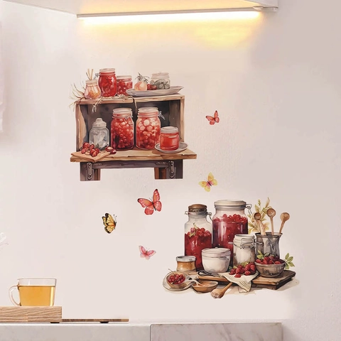 Aquarell Kirschmarmelade Glas Wandaufkleber Abnehmbare PVC Küche Decal Mit Schmetterlingen Für Esszimmer Home Decoration