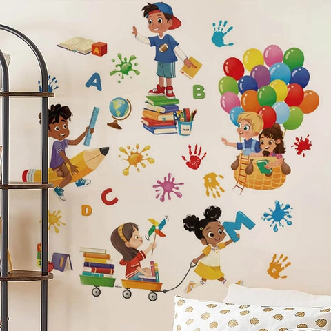 Cartoon Children Education Wall Stickers PVC Removable Colorful Alphabet Hot Air Balloon Decals Kids Room Decoration