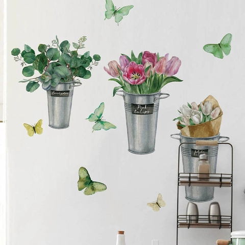 Aquarell Topfblumen Tulpen Schmetterling Wandaufkleber Für Schlafzimmer Wohnzimmer Küche PVC Wasserdicht Abnehmbar Deko