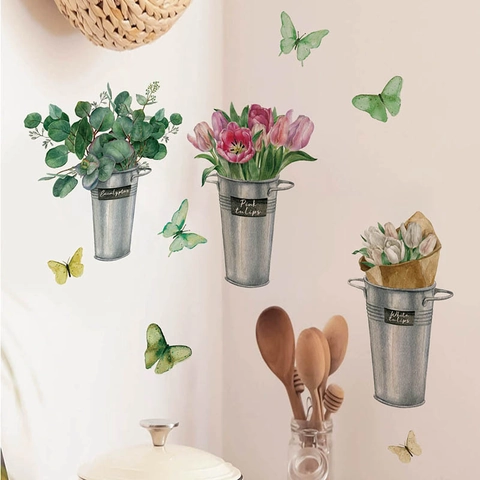 Aquarell Topfblumen Tulpen Schmetterling Wandaufkleber Für Schlafzimmer Wohnzimmer Küche PVC Wasserdicht Abnehmbar Deko