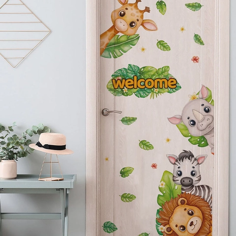 Vinilos Decorativos de Animales de la Selva Acuarela León Jirafa Cebra Rinoceronte Hojas Tropicales Letrero de Bienvenida