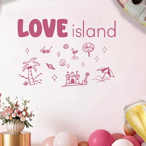 Romantic Love Island Pink Wall Sticker Waterproof PVC Removable Summer Beach Palm Tree Decal For Bedroom Party Background Decor