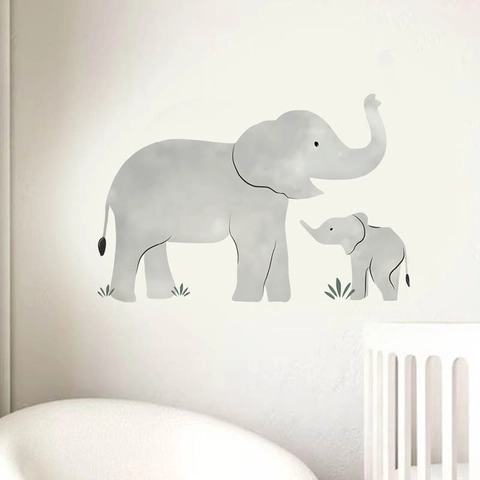 Stickers Muraux Famille d'Éléphants Aquarelle PVC Auto-adhésifs Amovibles pour Chambre d'Enfant Décoration Maison