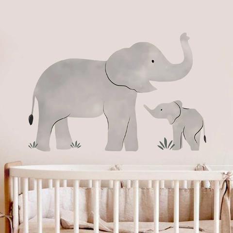 Stickers Muraux Famille d'Éléphants Aquarelle PVC Auto-adhésifs Amovibles pour Chambre d'Enfant Décoration Maison