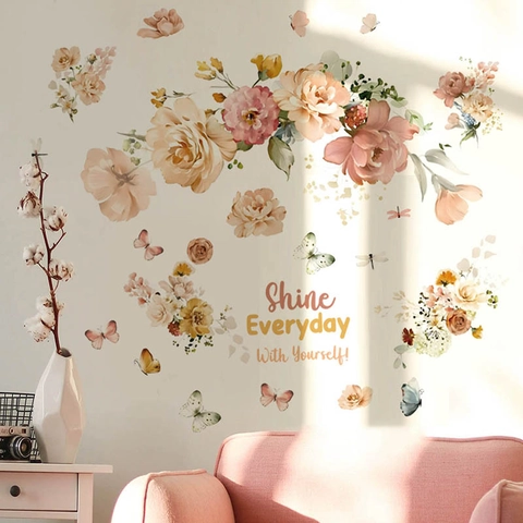Adesivi Murali con Fiori e Farfalle Acquerello Rimovibili in PVC Autoadesivi Citazione Ispiratrice per Soggiorno Camera da Letto